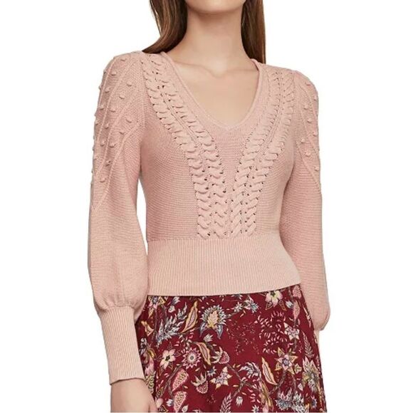 BCBGMaxAzria Bishop Sleeve Cable Knit Textured V-Neck Sweater Open Knit M Blush - Picture 1 of 11